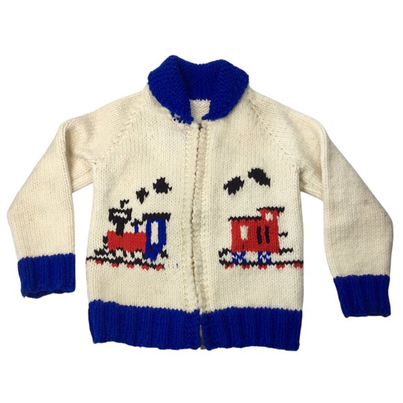 Vintage 60s Hand Knit Child's Cardigan Zipper Full Zip Sweater Train Double Side - Picture 1 of 9